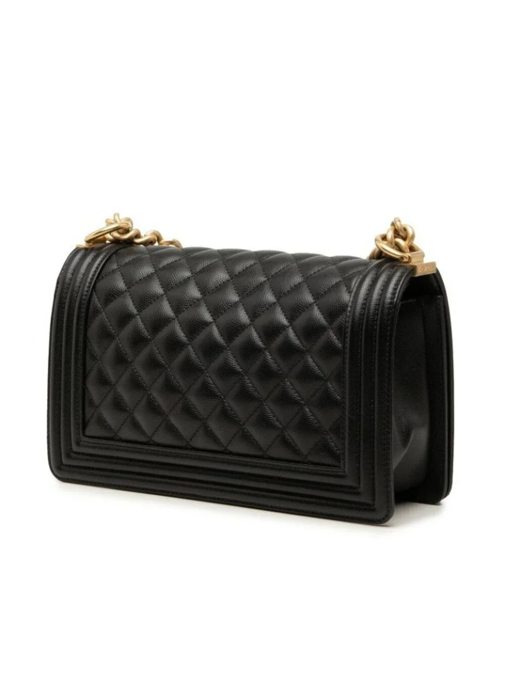 Chanel CC Logo Boy 25 Chain Shoulder Bag Black Gold Caviar Leather
